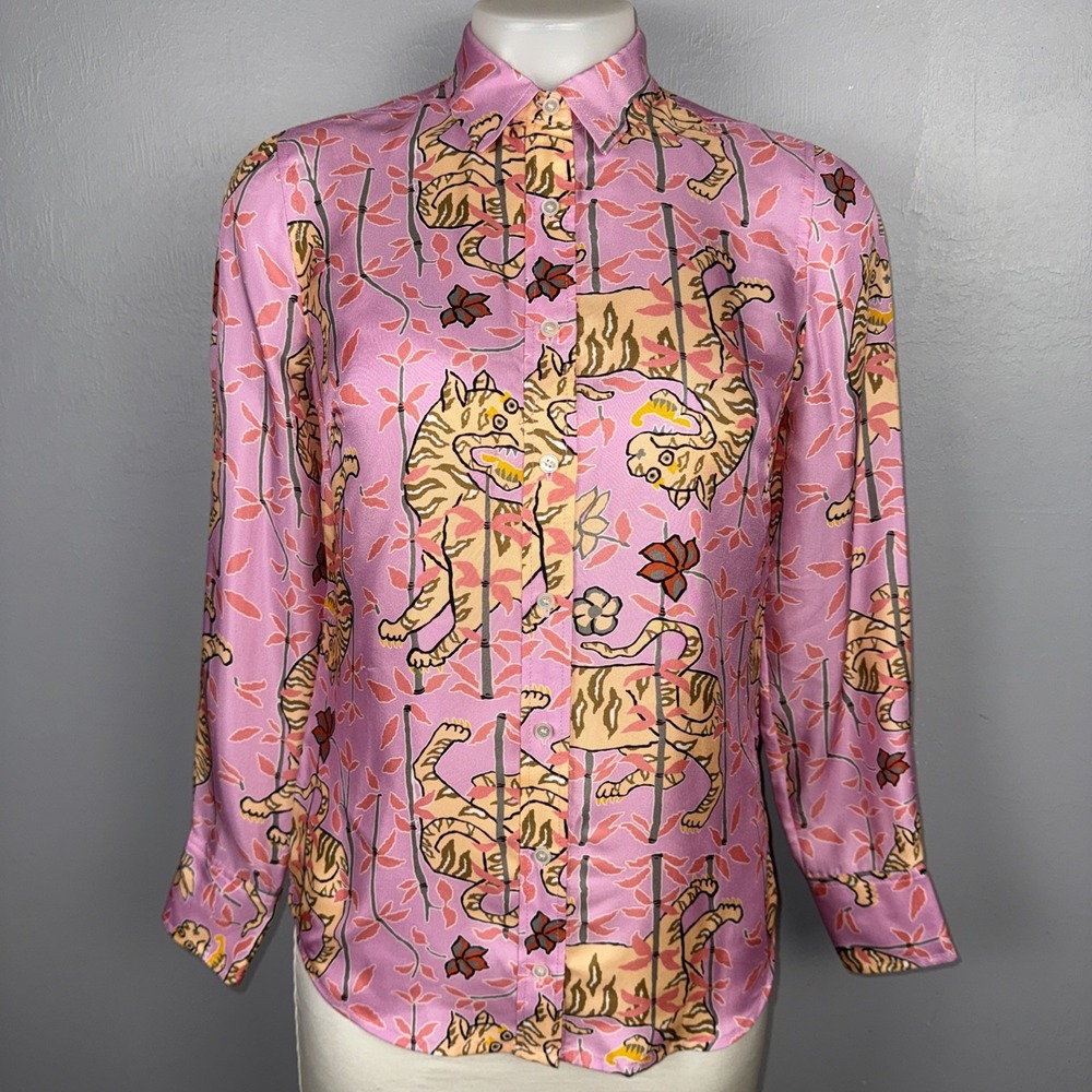 Drake's London for J Crew Silk Bengal Tiger Print Shirt Pink Size 0 Whimsical